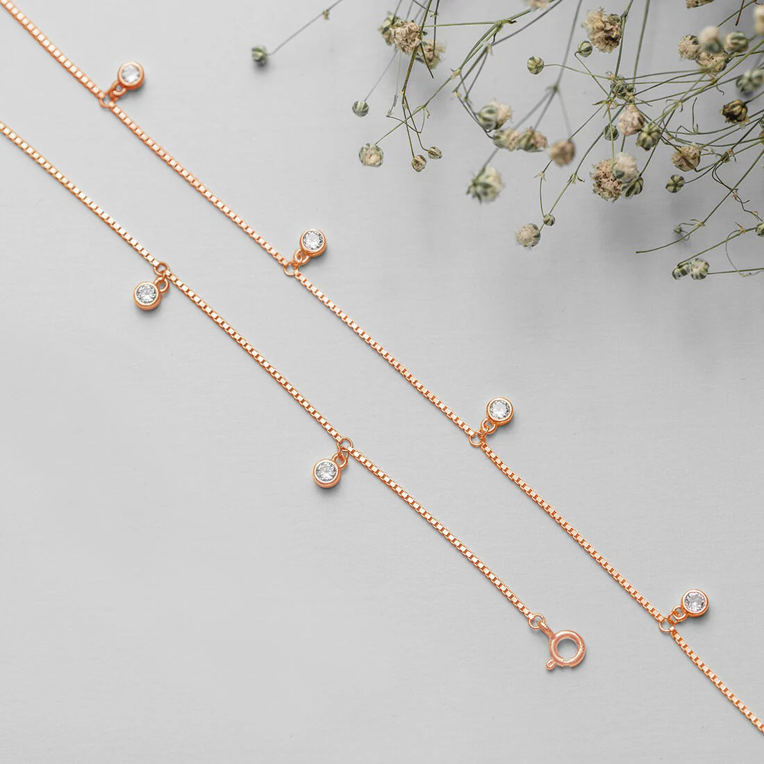 Drop CZ Rose Gold Plated 925 Sterling Silver Anklet - Image 4