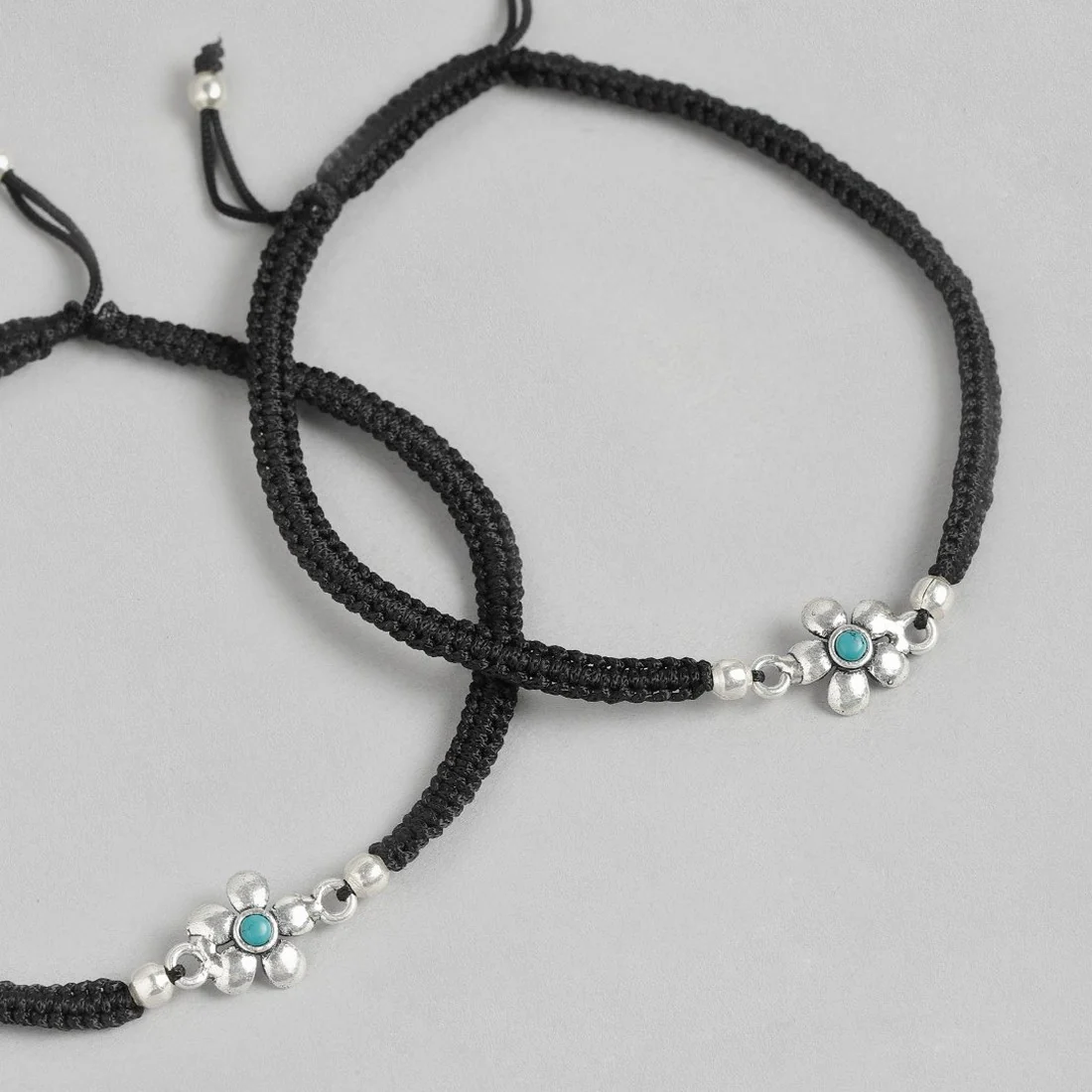 Floral Blue Rhodium Plated 925 Sterling Silver Thread Anklet - Image 6