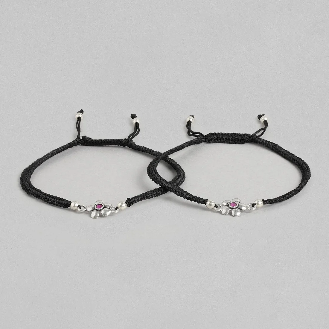 Red Floral Stone Rhodium Plated 925 Sterling Silver Thread Anklet - Image 4