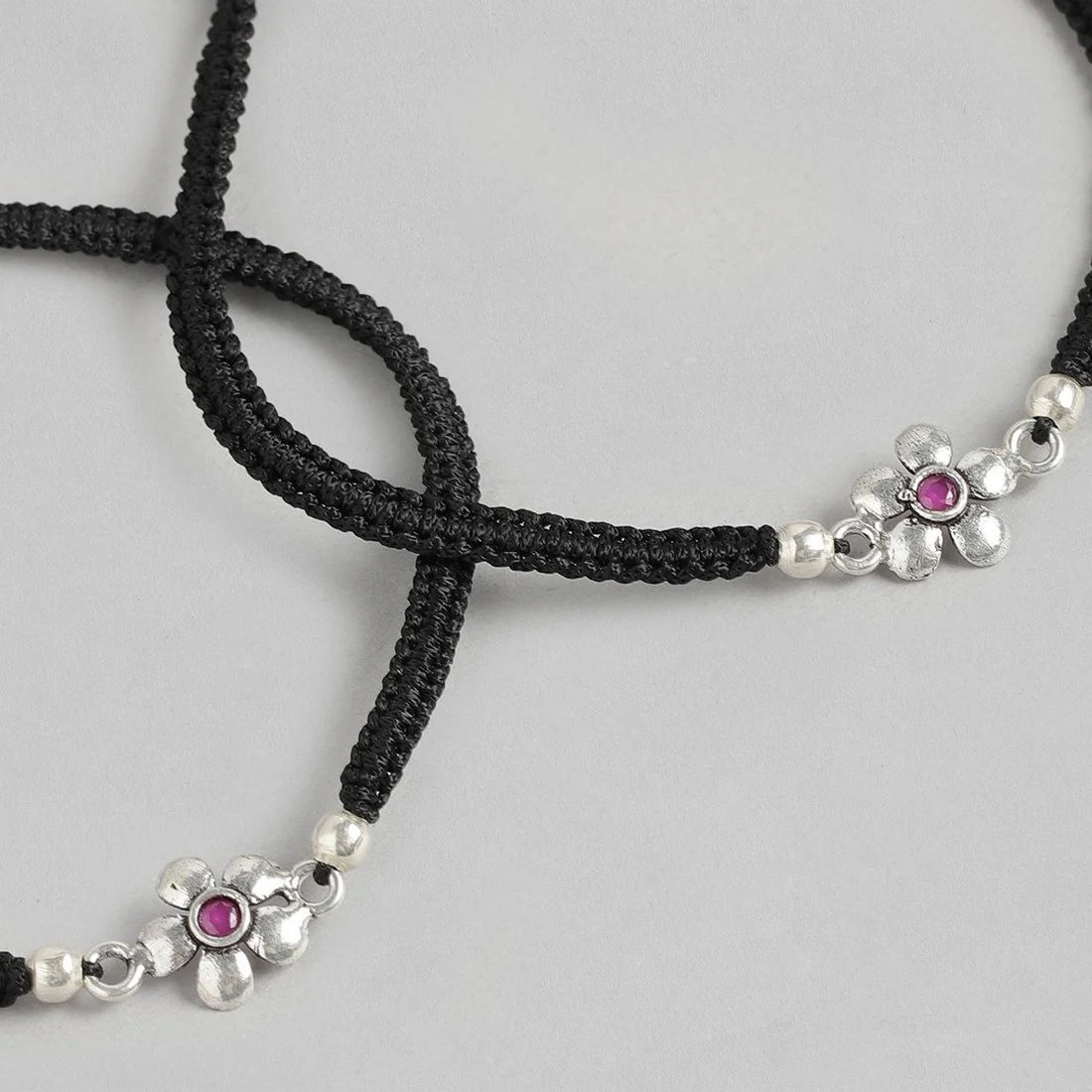 Red Floral Stone Rhodium Plated 925 Sterling Silver Thread Anklet - Image 6