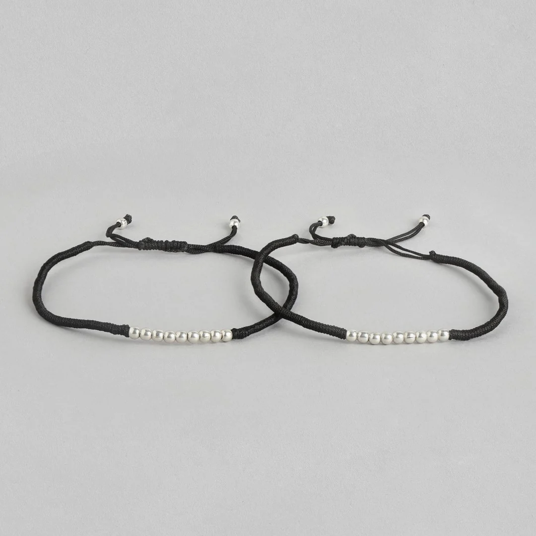 Beaded Line Rhodium Plated 925 Sterling Silver Thread Anklet - Image 4