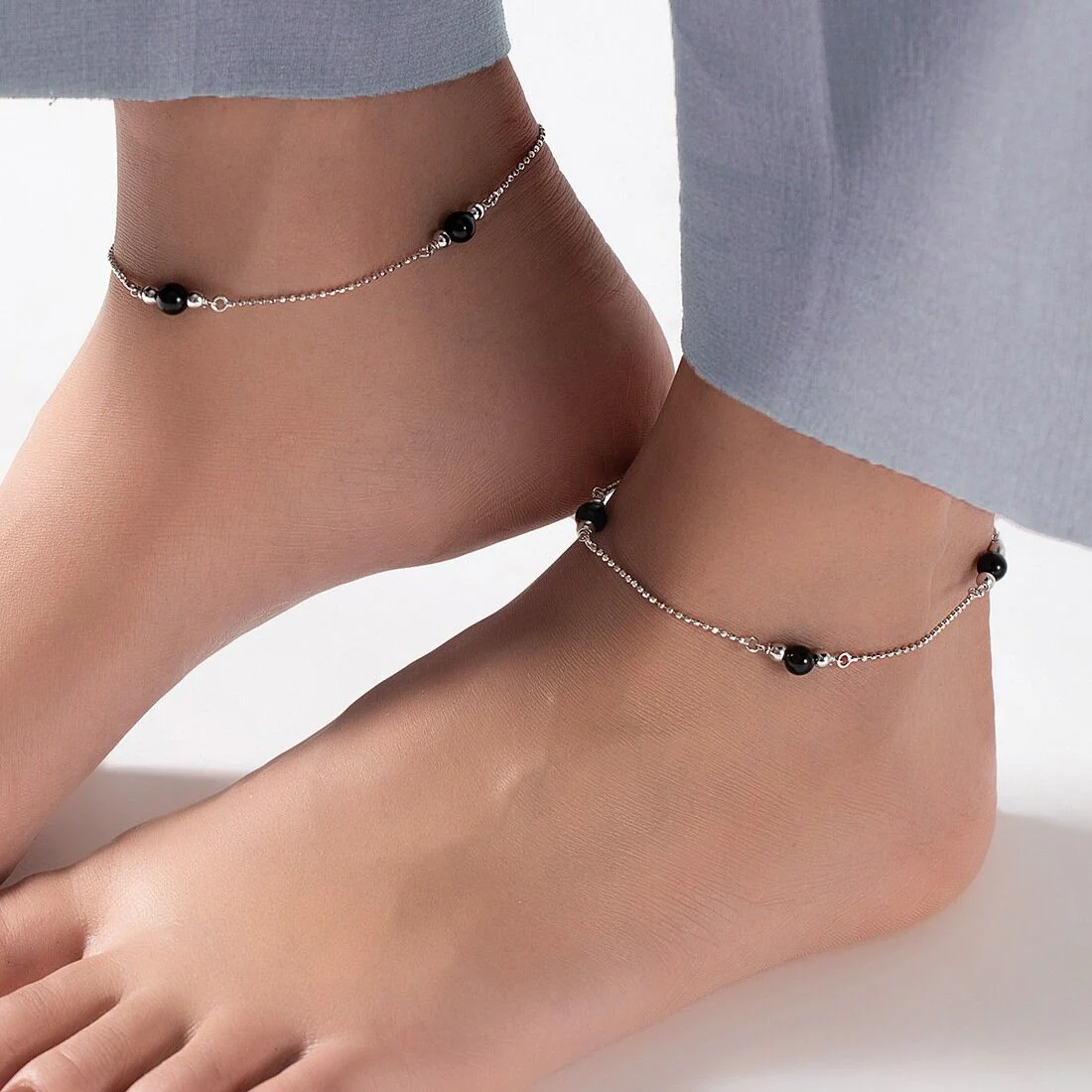 Black Pearl Rhodium Plated 925 Sterling Silver Chained Anklet - Image 2