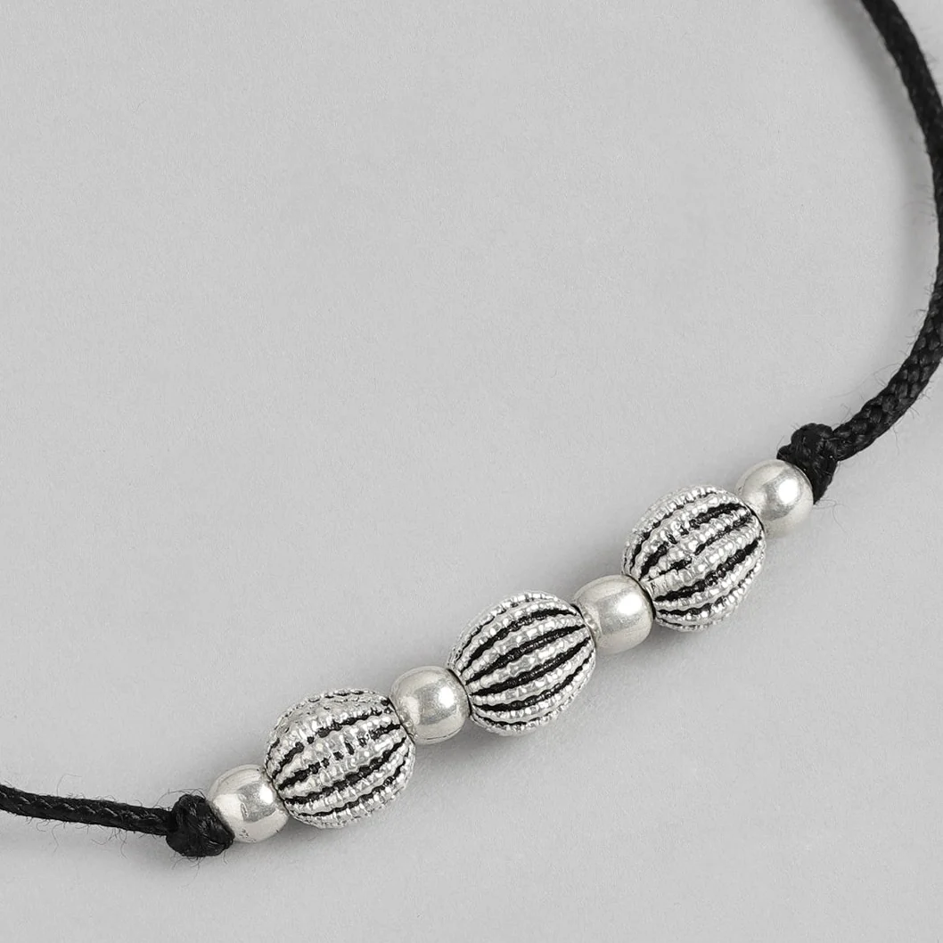 Black Thread Beads Rhodium Plated 925 Sterling Silver Anklet - Image 4