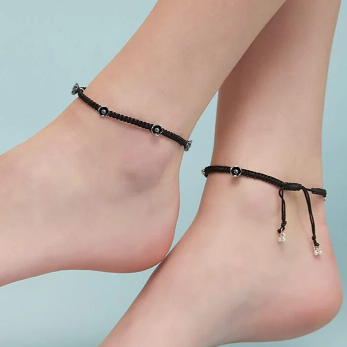 Black Thread Floral Charms 925 Sterling Silver Anklet
