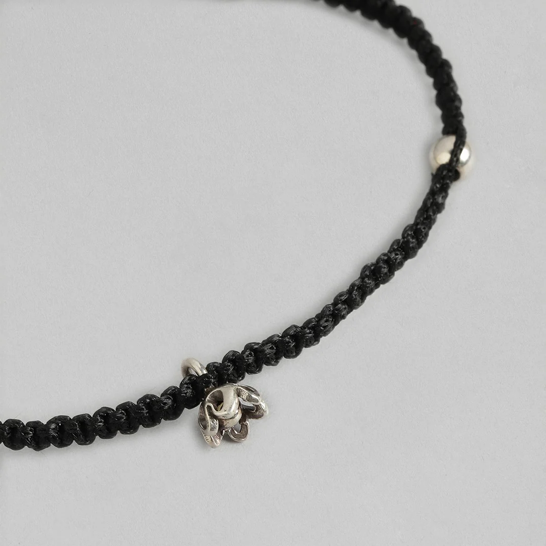 Black Thread with Floral Charms 925 Silver Anklet - Image 7