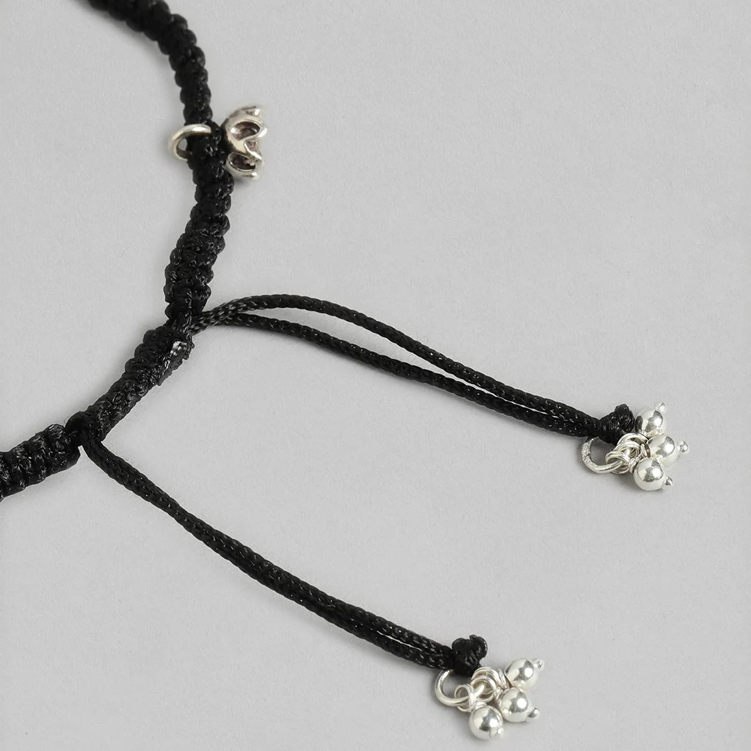 Black Thread with Floral Charms 925 Silver Anklet - Image 8