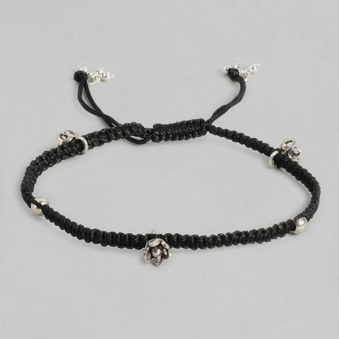 Black Thread with Floral Charms 925 Silver Anklet - Image 9