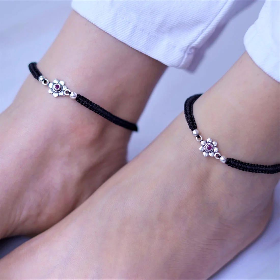 Black thread flower 925 Sterling Silver Anklets - Image 3