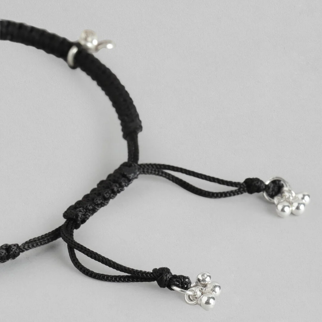 Floral Black 925 Sterling Silver Rhodium-Plated Thread Anklet - Image 4