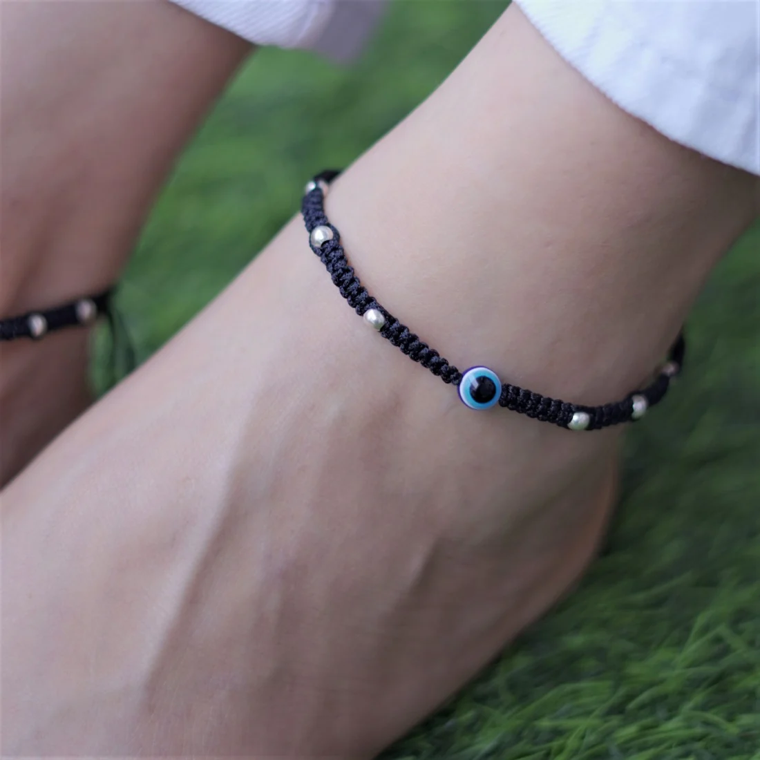 Black Thread with Evil Eye & Beads 925 Silver Anklet - Image 3