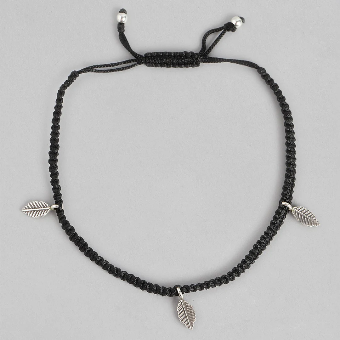 Black Thread With Leaf Charms 925 Silver Anklet - Image 6