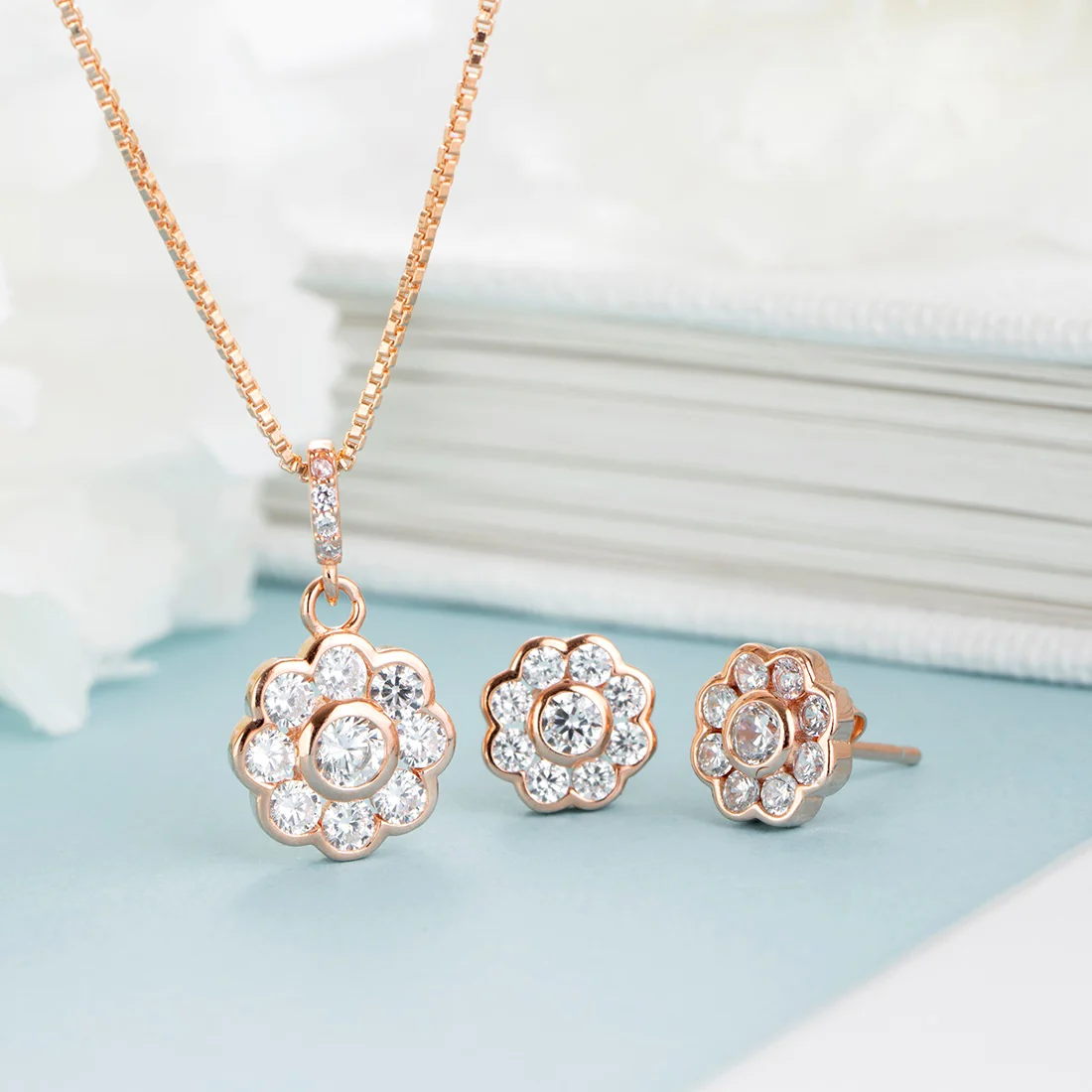 Blooming Beauty Rose Gold-Plated CZ 925 Sterling Silver Floral Jewelry Set - Image 2