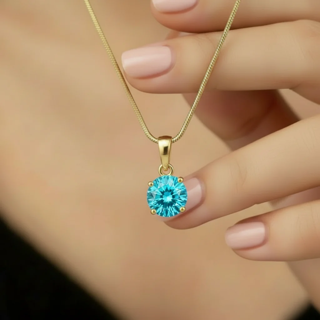 Blue Solitaire Gold Plated Box chain Pendant with Snake Chain - Image 2