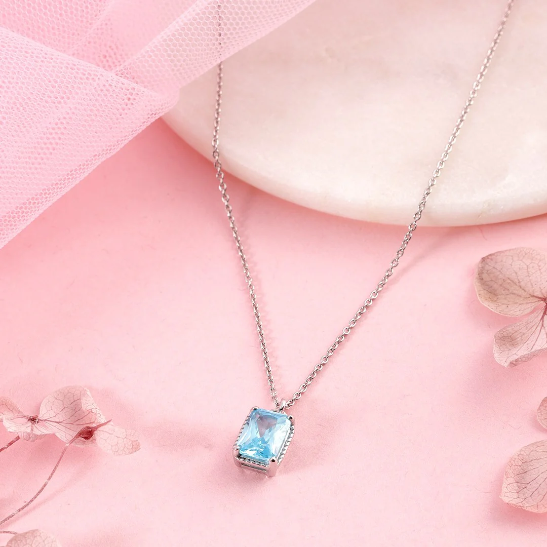Blue Solitaire Rhodium Plated 925 Sterling Silver Link Chain Necklace