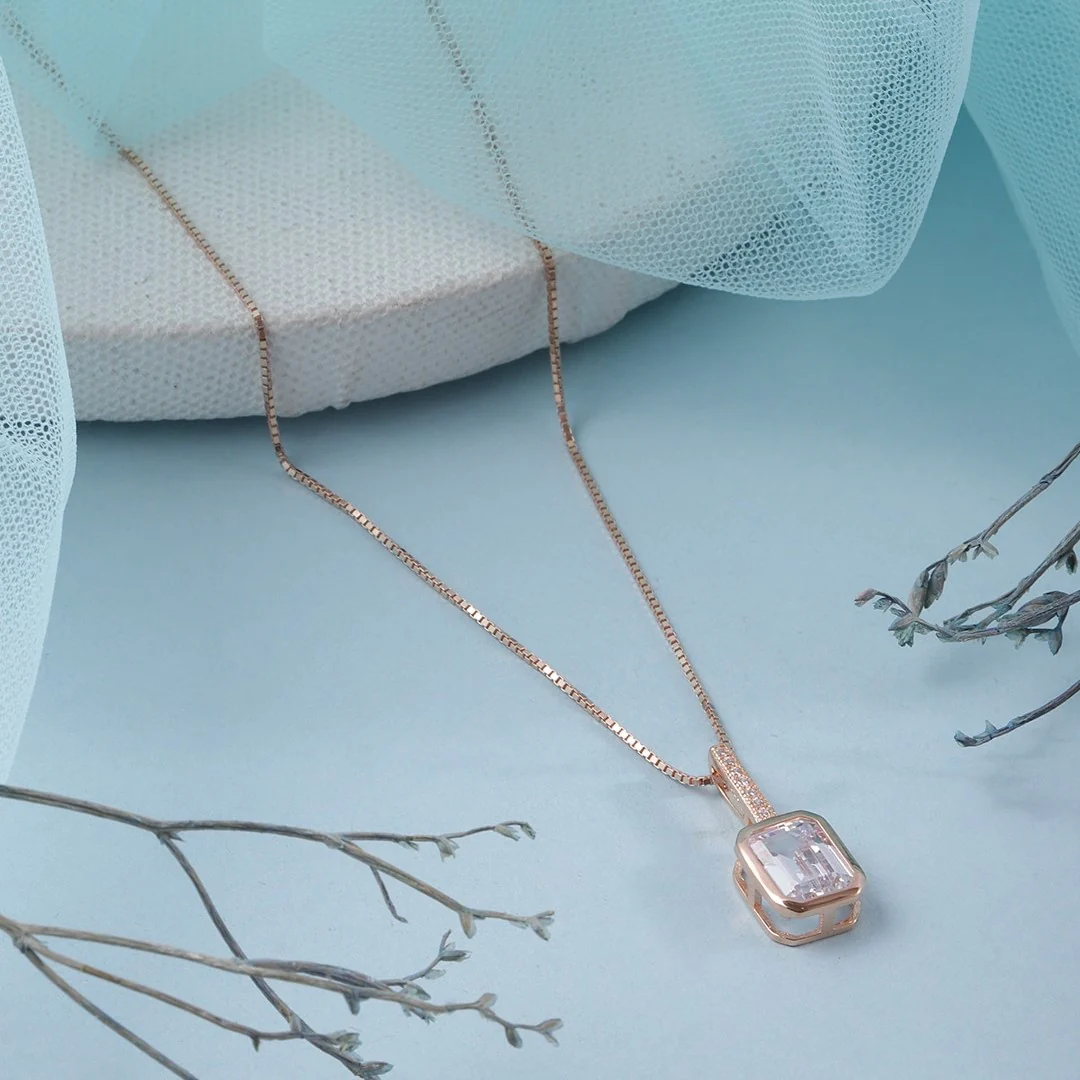 Blushing Beauty Rose Gold Plated CZ 925 Sterling Silver Pendant with Chain