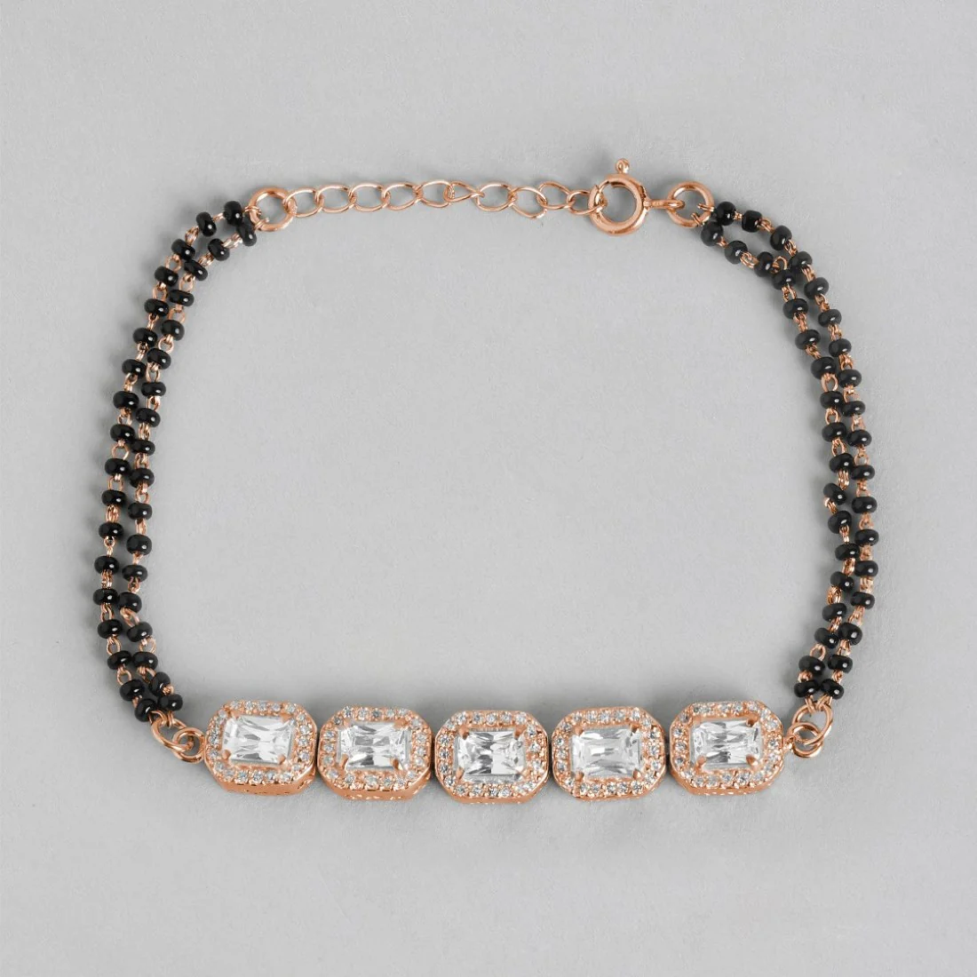 Rose Petal Sparkle CZ & Black Beads Rose Gold Plated 925 Sterling Silver Bracelet - Image 4