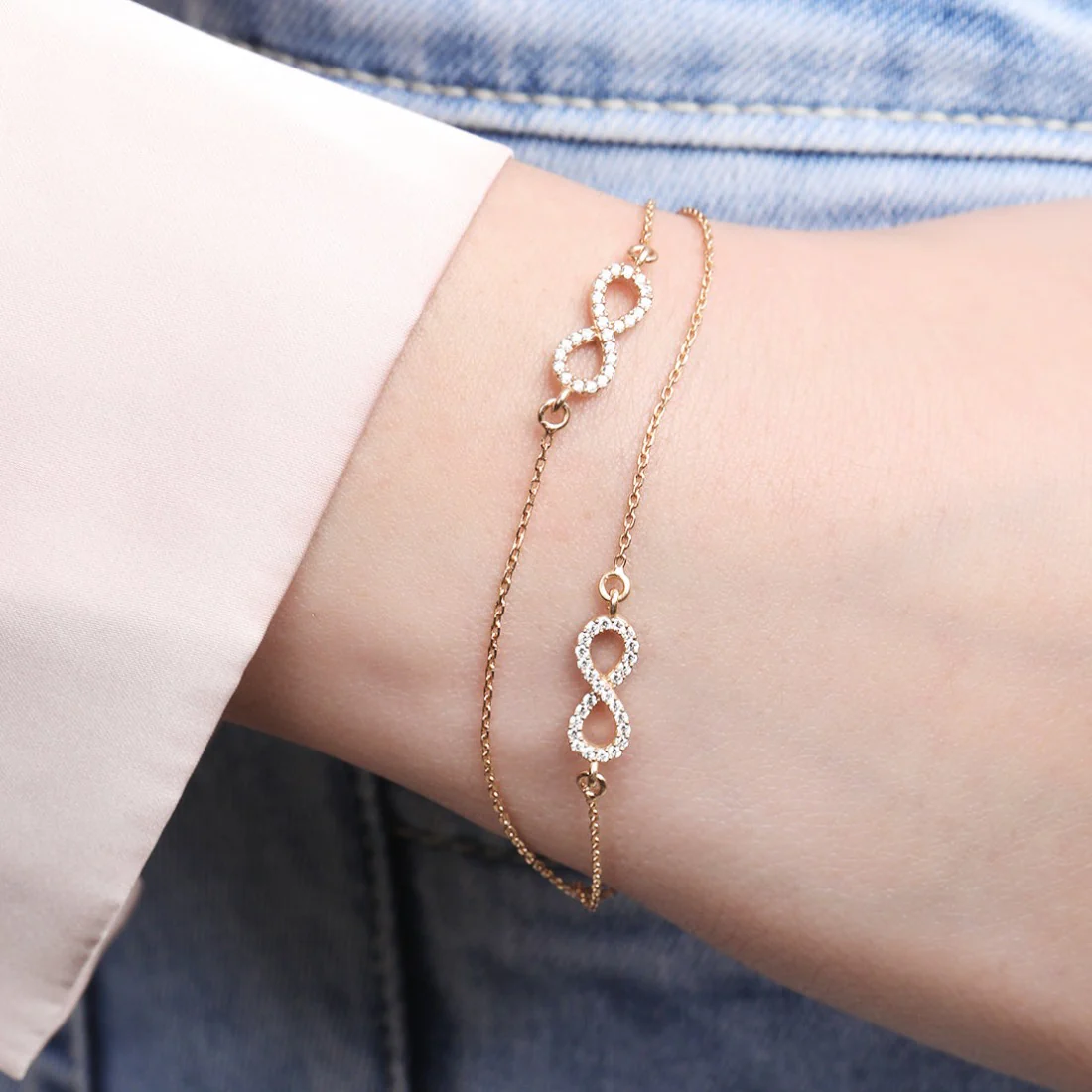Dual Infinity CZ Link chain Rose Gold Plated 925 Sterling Silver Bracelet - Image 2