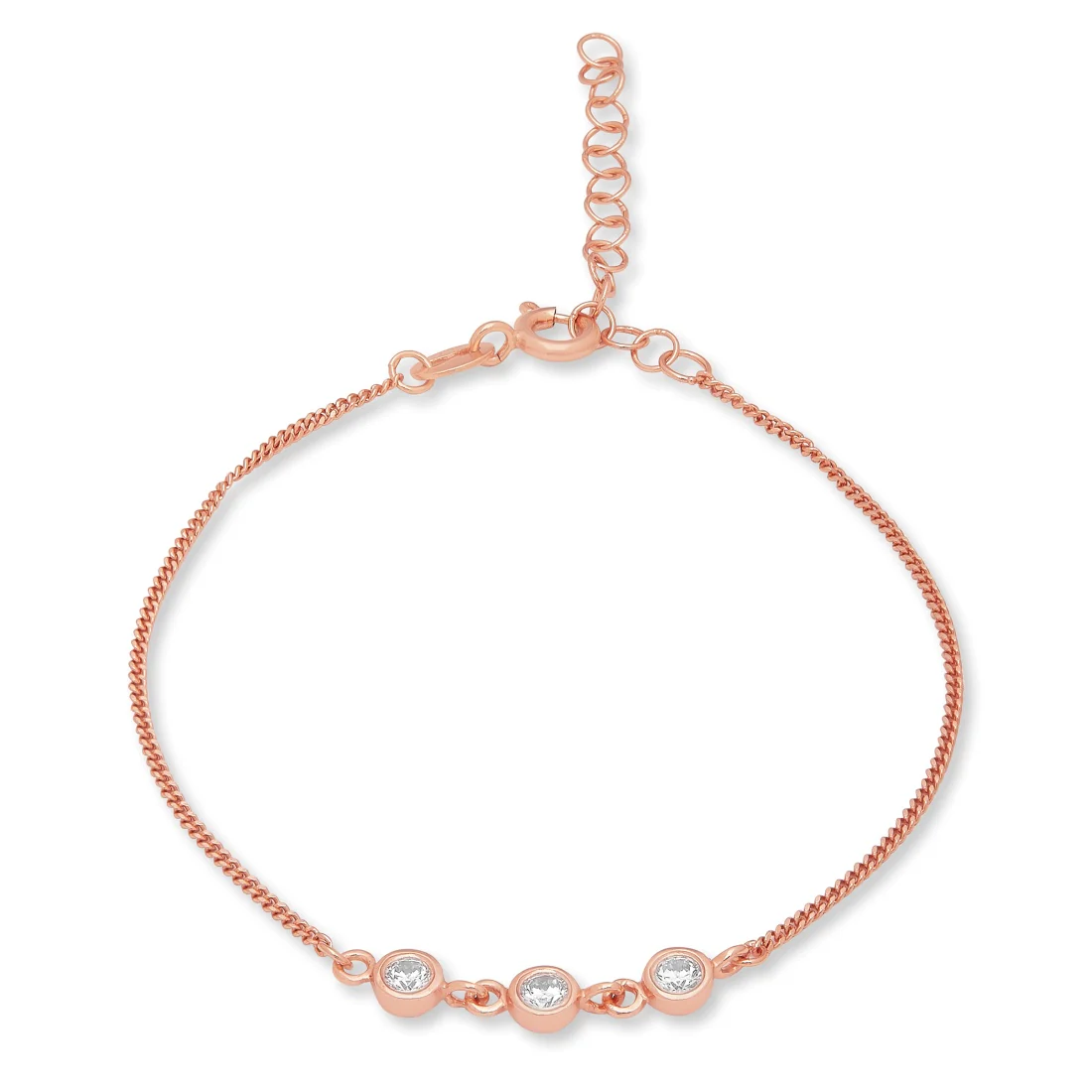 Triple CZ Link Rose Gold Plated 925 Sterling Silver Bracelet - Image 3
