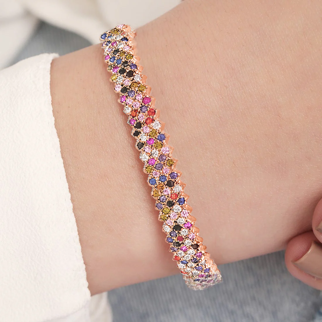 Radiant Elegance Coloured CZ Rosegold-Plated 925 Sterling Silver Kada Bracelet - Image 2