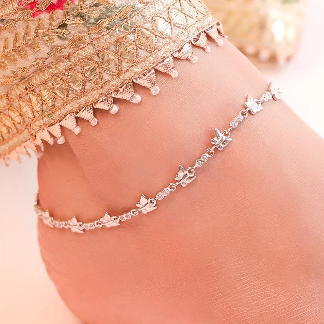 Butterfly Cubic Zirconia Rhodium Plated 925 Sterling Silver Women's Anklet - Image 2