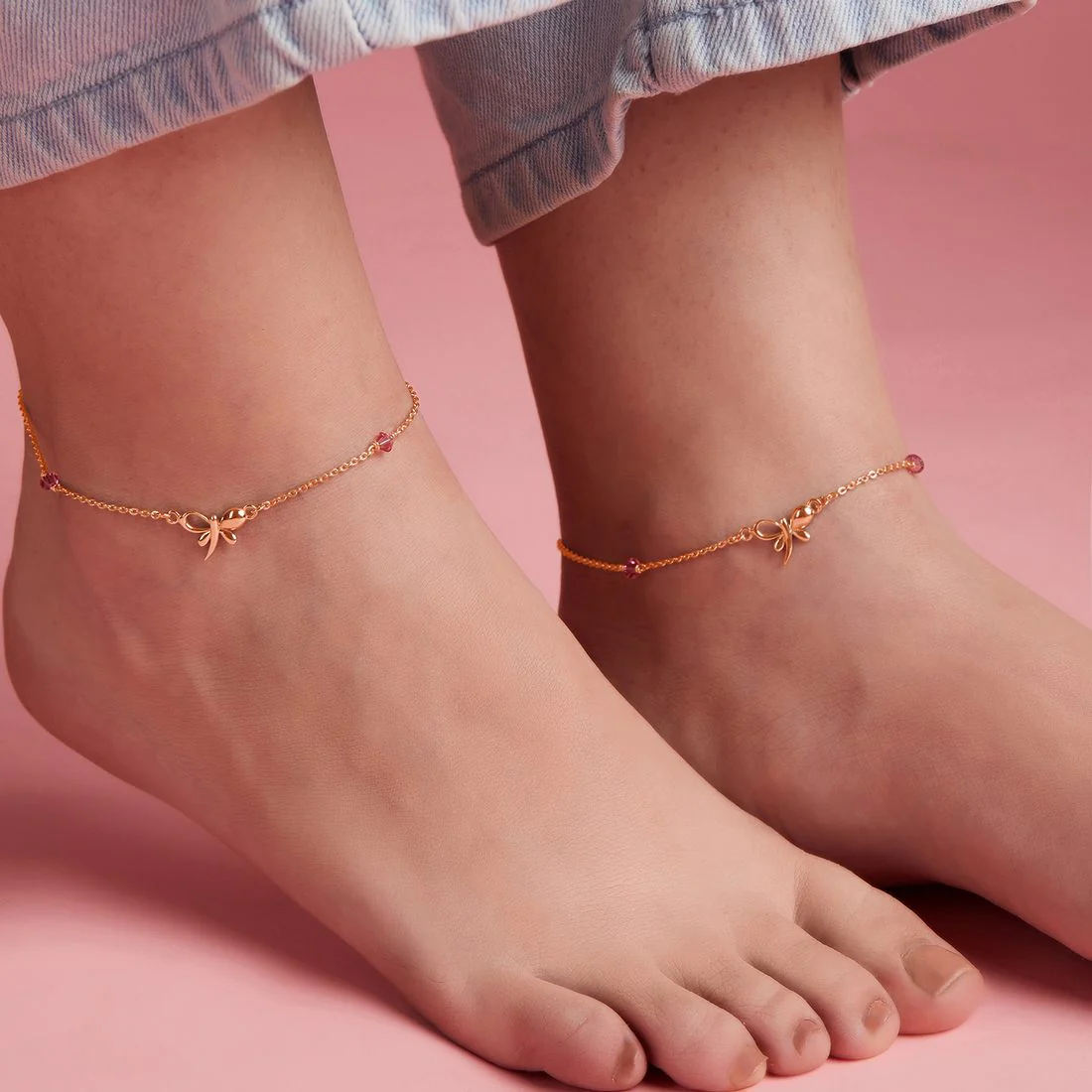 Butterfly Rose-Gold Plated CZ 925 Sterling Silver Chained Anklet