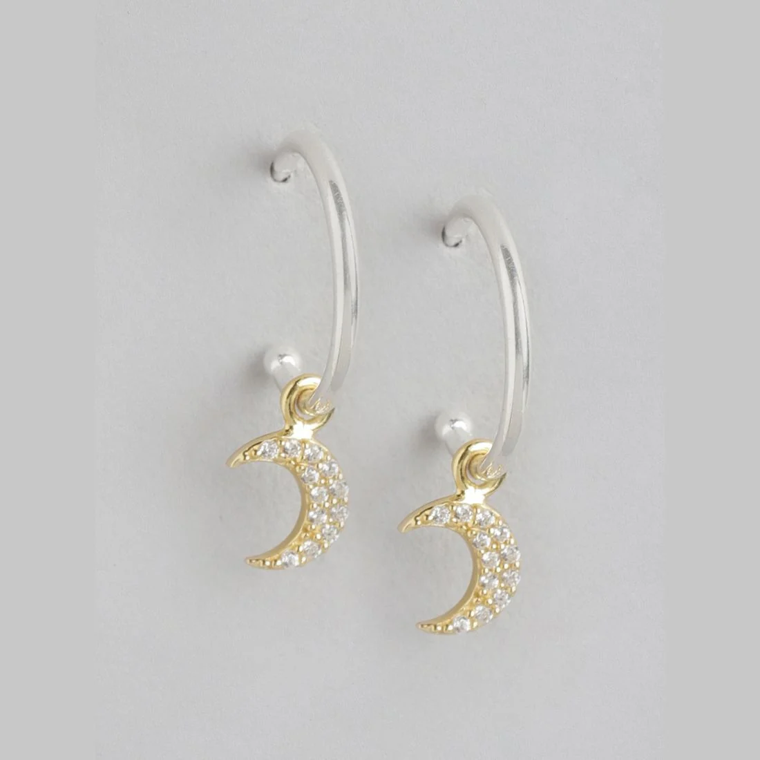 Celestial Moon Dual Tone CZ 925 Sterling Silver Half Hoops Earrings - Image 3