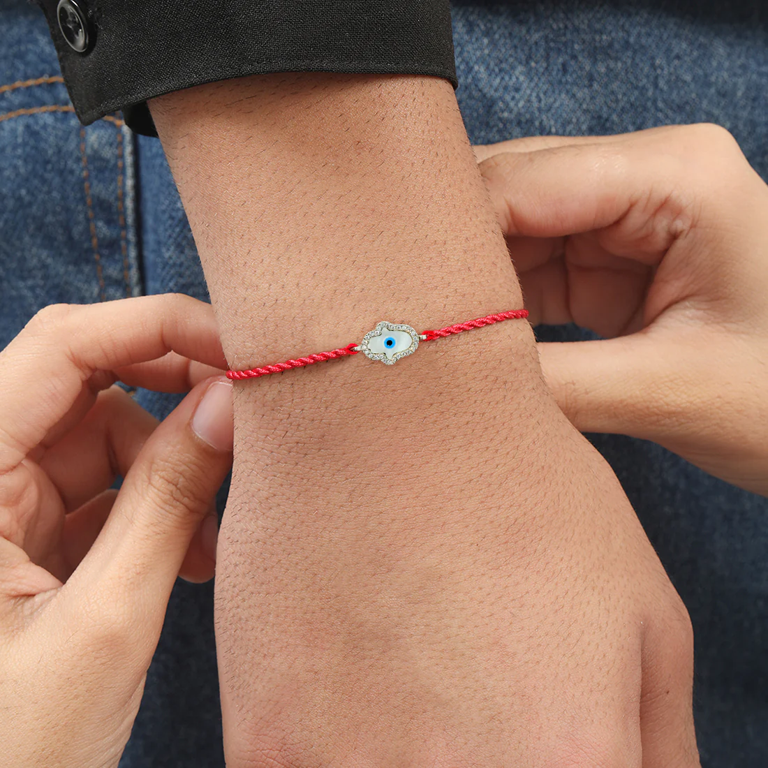 Charm Of Protection With CZ Rhodium-Plated Sterling Silver Thread Rakhi For Him - Image 2
