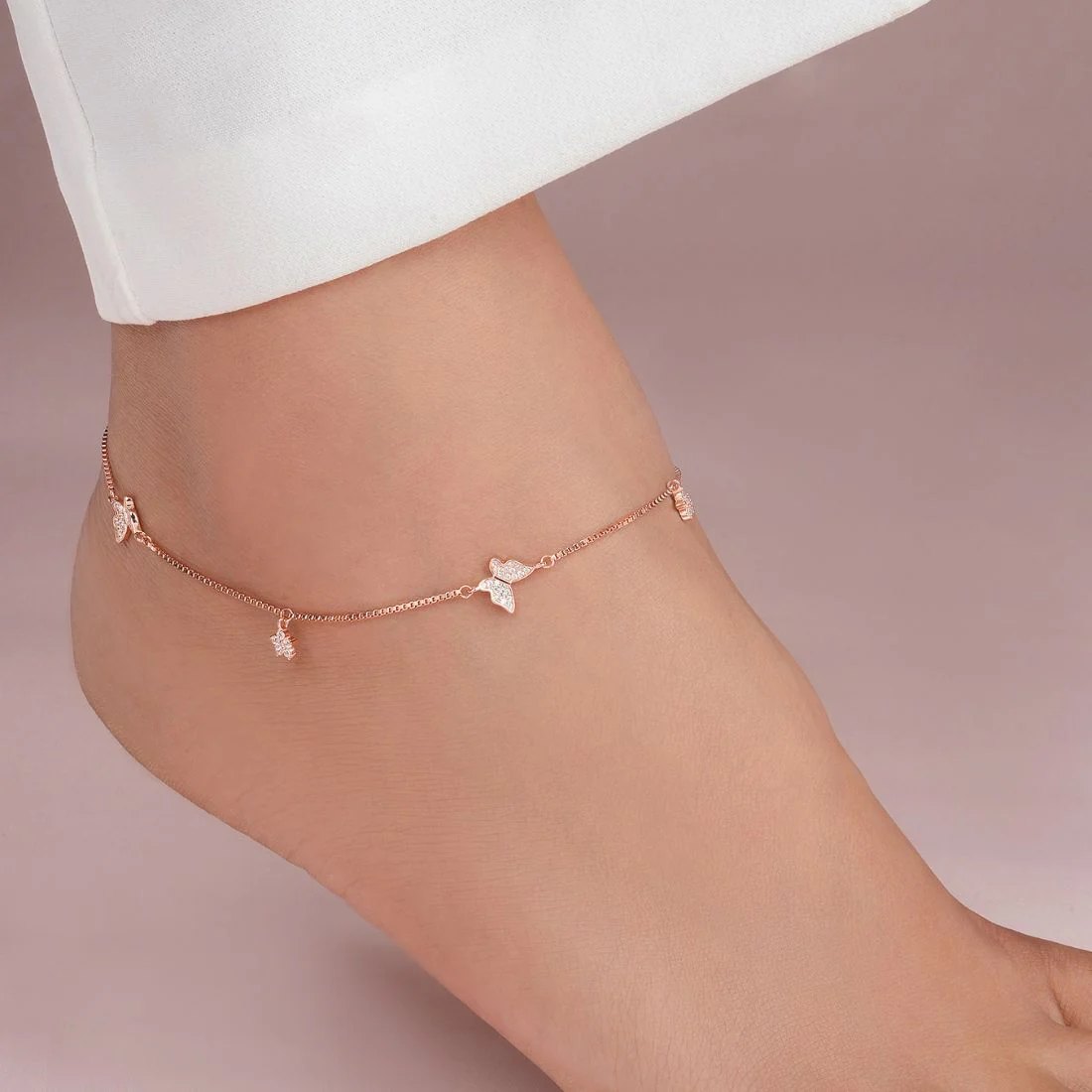 Butterfly Charms CZ Rose Gold Plated 925 Sterling Silver Anklet - Image 2