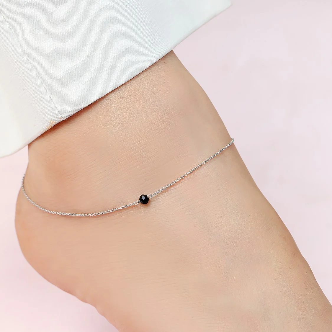 Chic Black Bead Rhodium Plated 925 Sterling Silver Adjustable Link Chain Anklet - Image 2