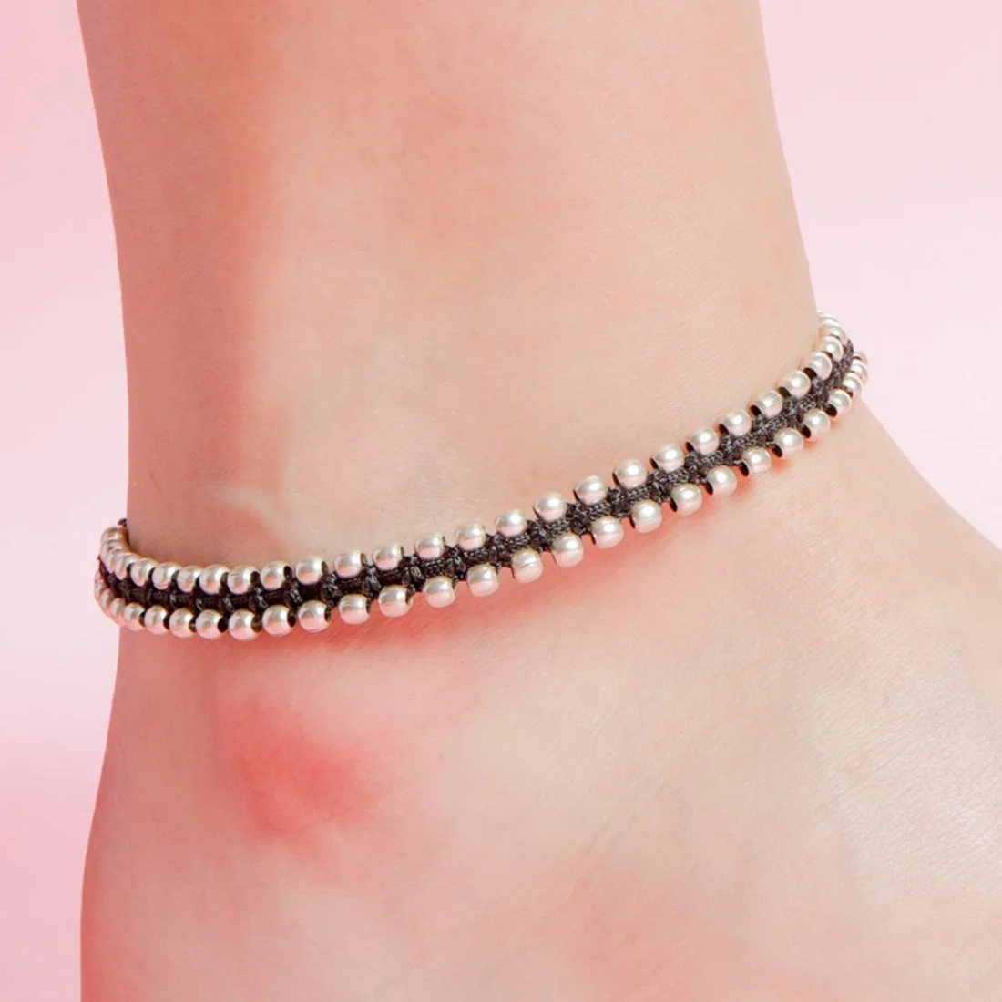 Classic Beaded Rhodium Plated 925 Sterling Silver Thread Anklet - Image 2