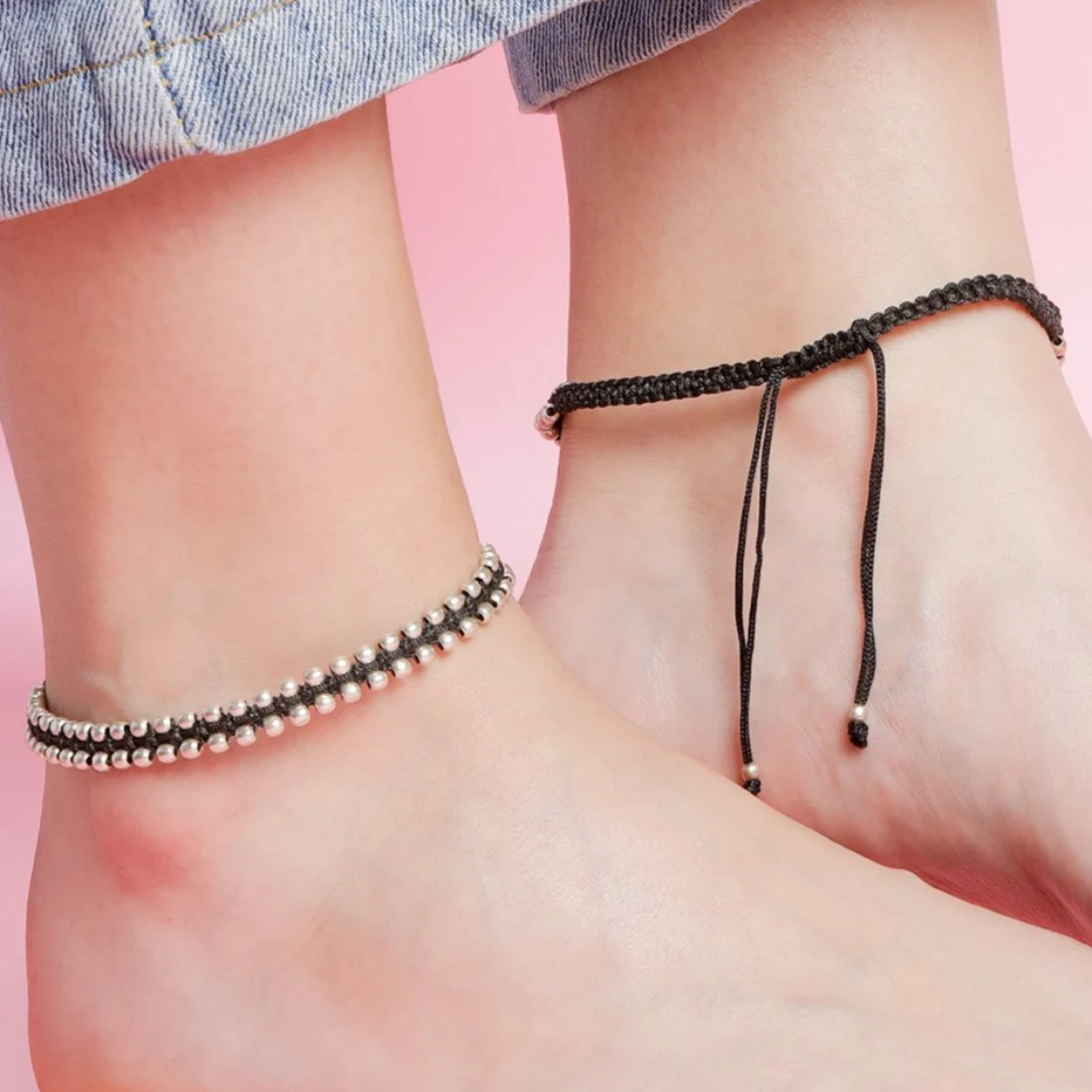 Classic Beaded Rhodium Plated 925 Sterling Silver Thread Anklet - Image 3
