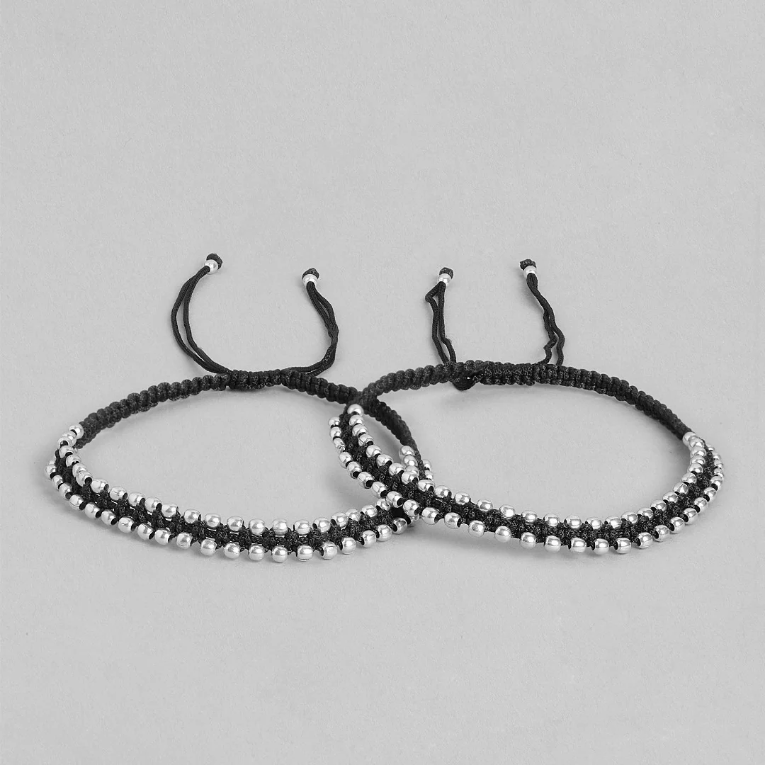 Classic Beaded Rhodium Plated 925 Sterling Silver Thread Anklet - Image 5