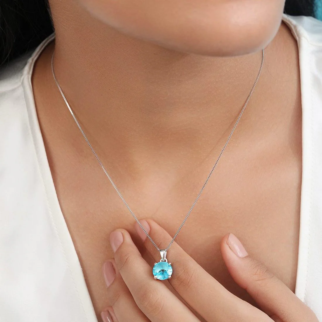 Classic Blue Topaz Rhodium Plated 925 Sterling Silver Pendant - Image 3