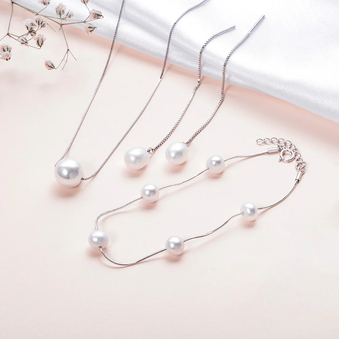 Classic Pearl Rhodium Plated 925 Sterling Silver Jewellery Set