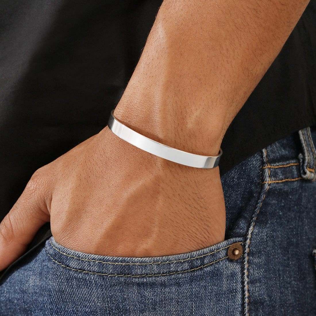 Classic Rhodium Plated 925 Sterling Silver Men's Cuff Bracelet - Image 3