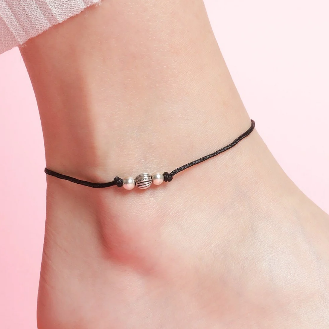 Classic Rhodium Plated Beaded 925 Sterling Sterling Thread Anklet - Image 2