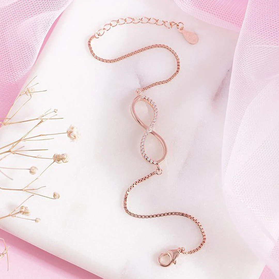 Classic Rose Gold Zircon Infinity 925 Silver Bracelet - Image 2