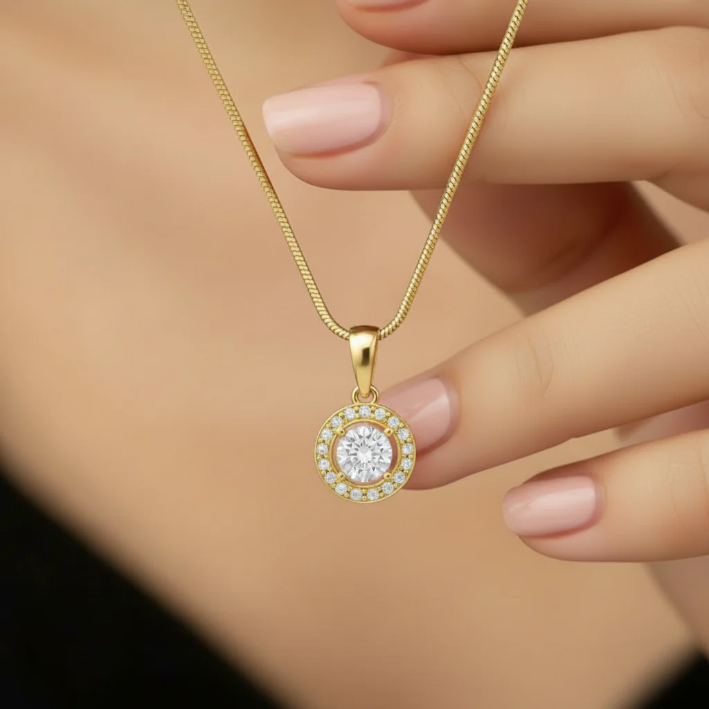 Classic Solitaire Gold Plated 925 Sterling Silver Pendant with Snake Chain - Image 2