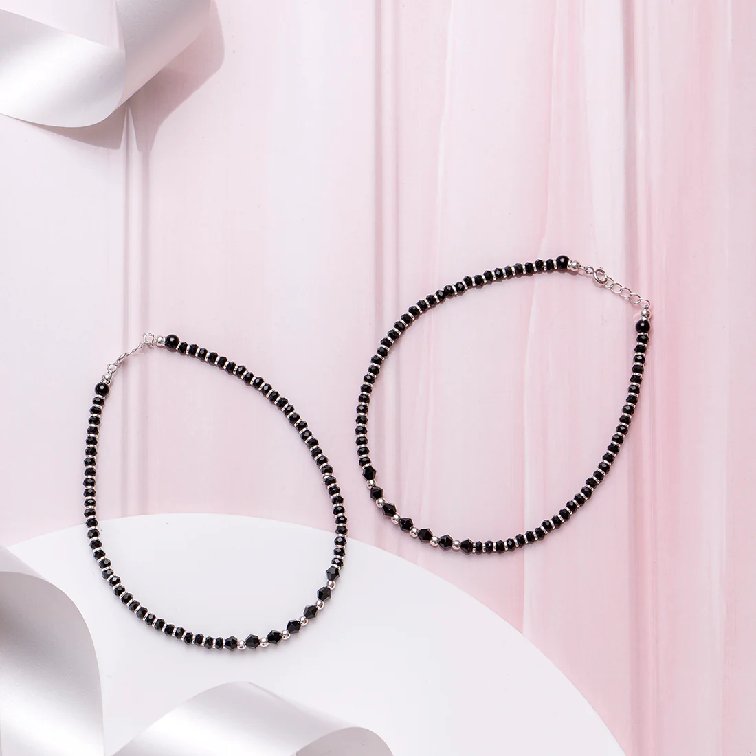 Black & White Beaded Stone 925 Sterling Silver Anklet - Image 2