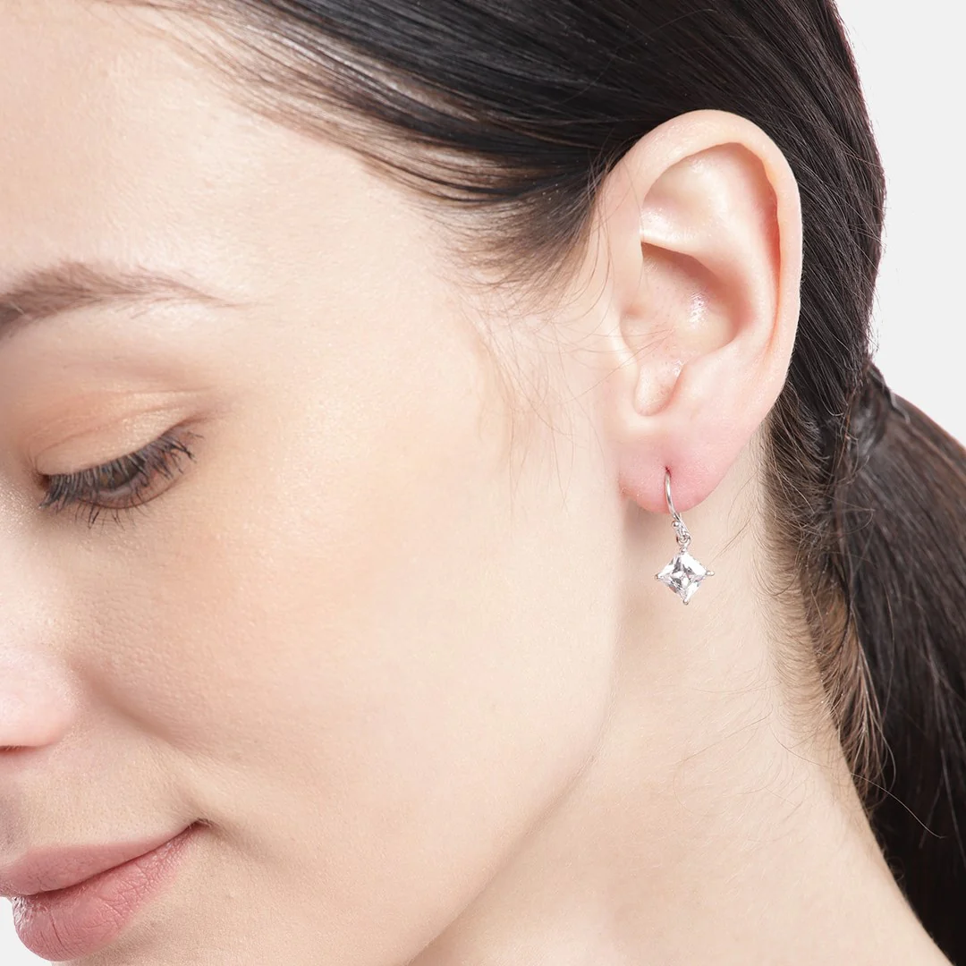 Clear Solitaire Cube Rhodium Plated 925 Sterling Silver Earring - Image 2