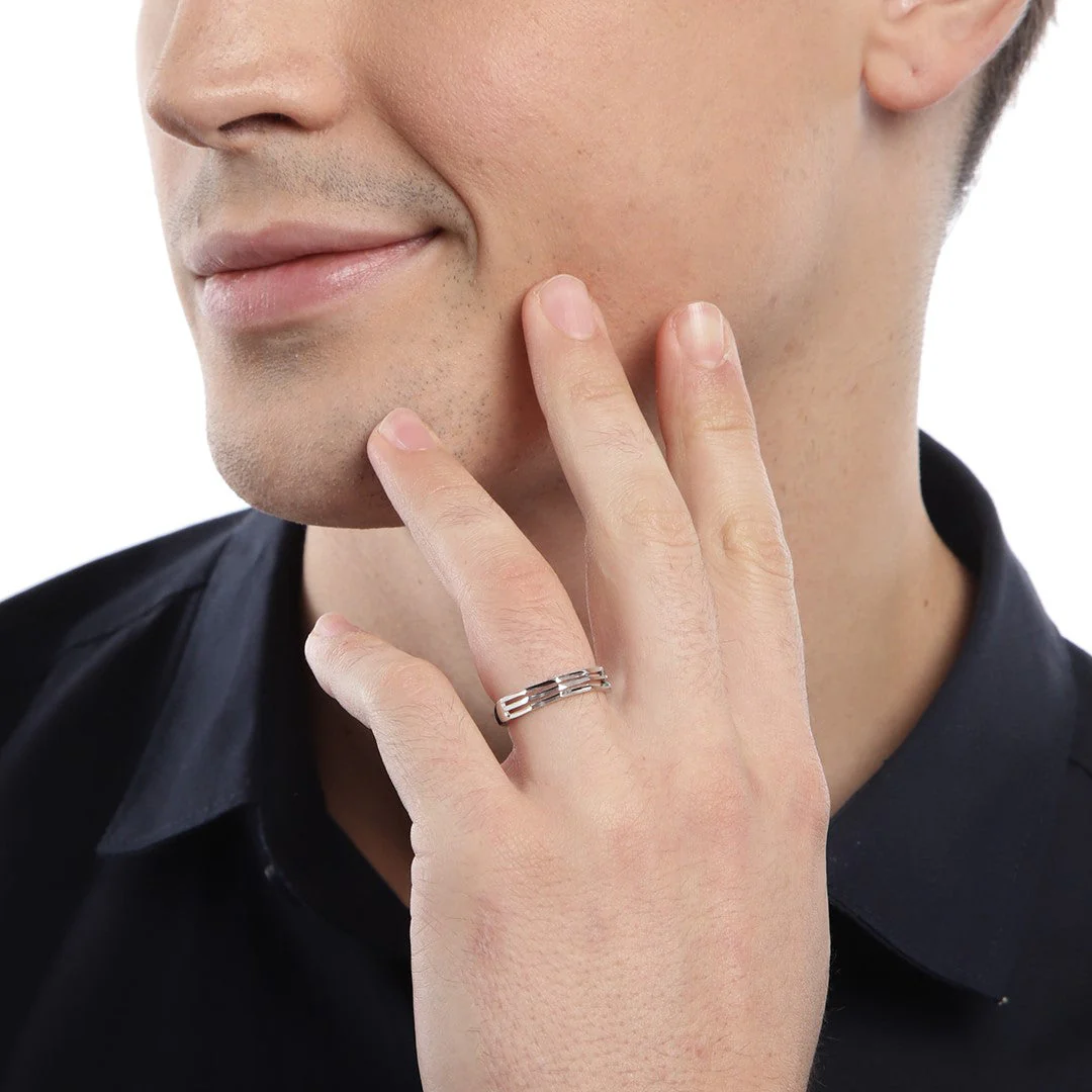Rhodium Plated 3 Lines 925 Sterling Silver Mens Ring Gift Hamper (Adjustable) - Image 3