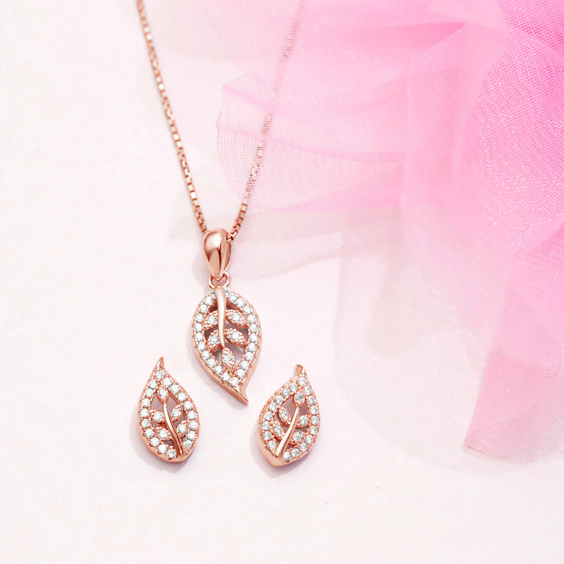 Graceful Love Simplicity Leaf Rose Gold 925 Silver Jewelry Set Gift Hamper - Image 3