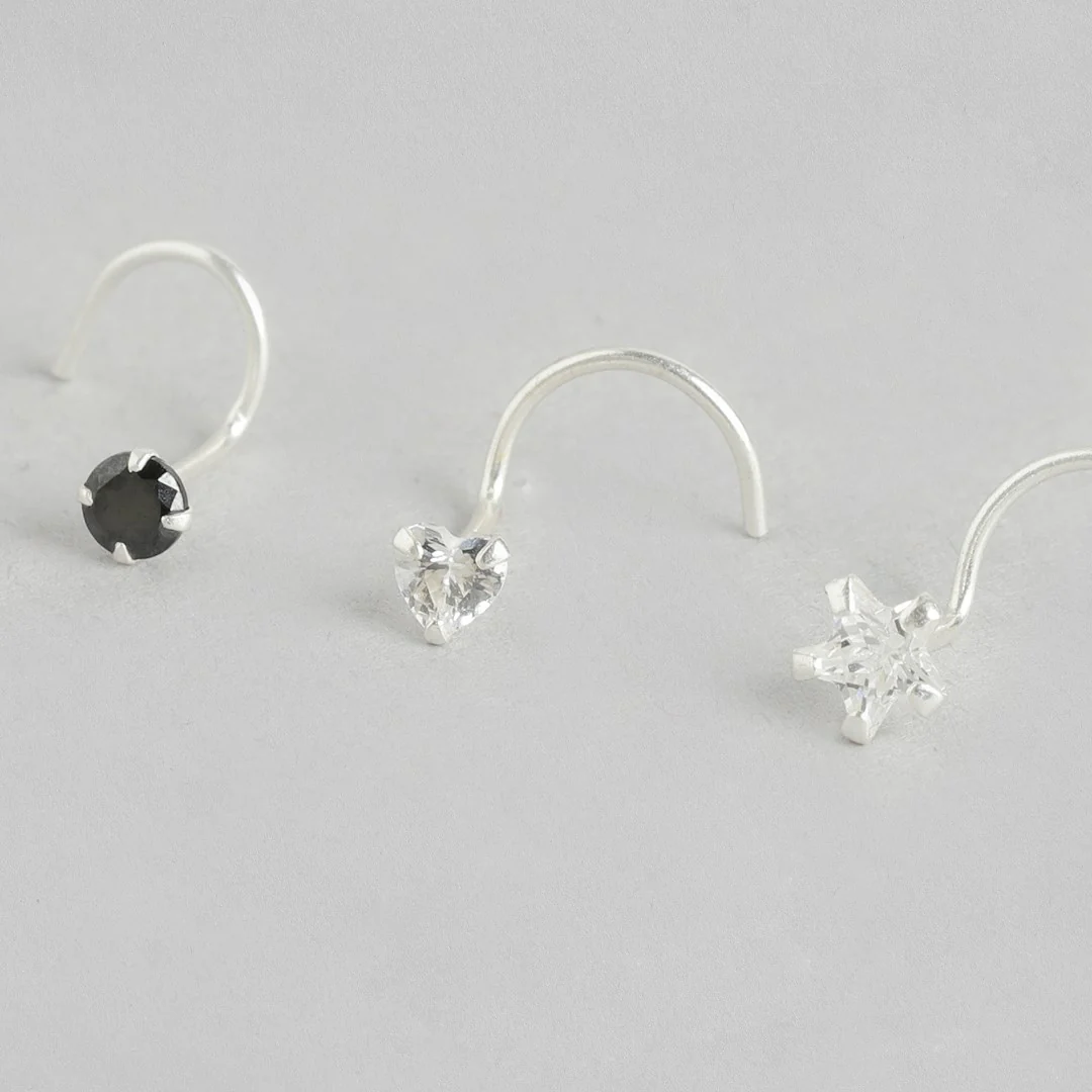 Minimal CZ Studded 925 Silver Nose Pin Set - Image 4
