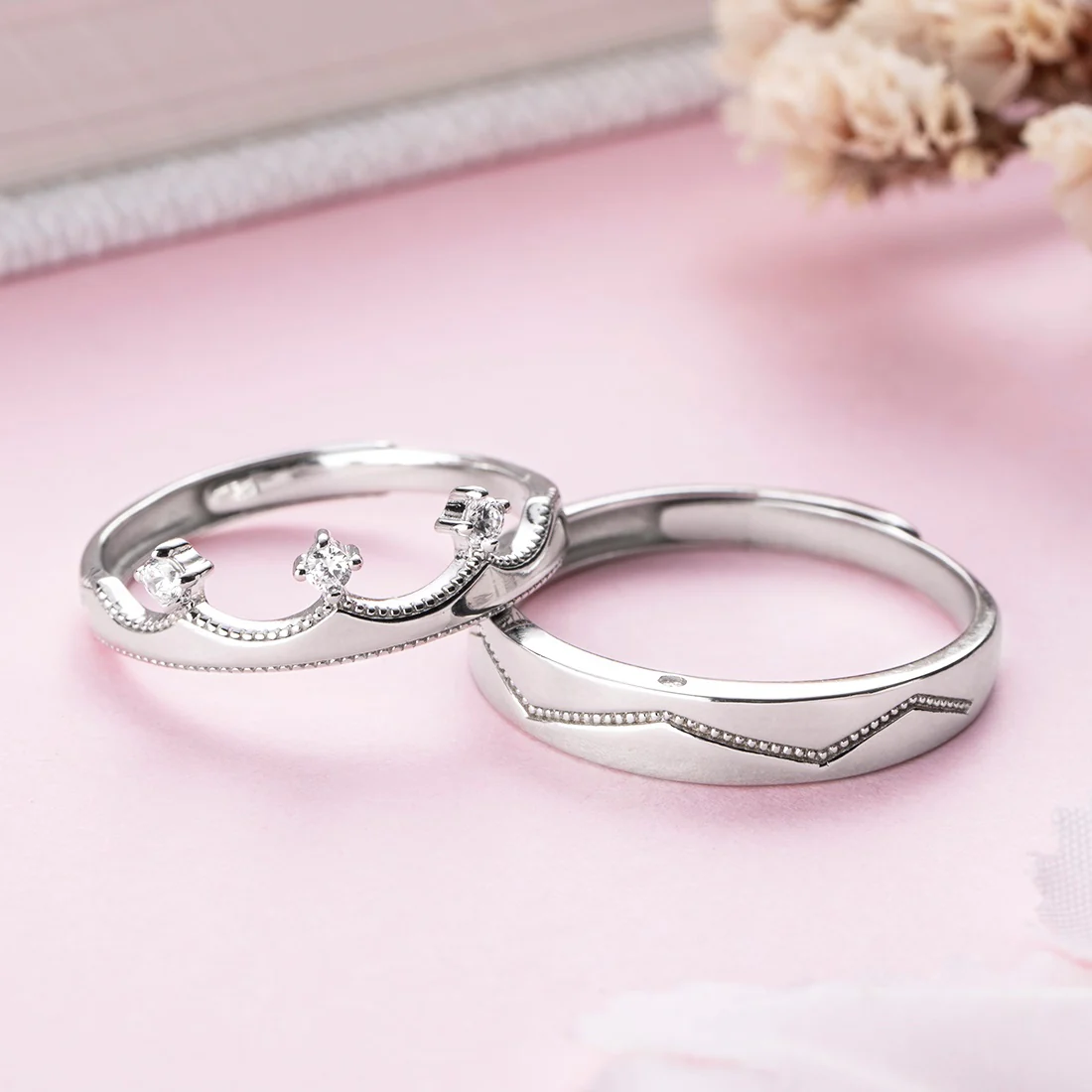 CZ Crown Rhodium Plated 925 Sterling Silver Lover's Couple Rings (Adjustable)