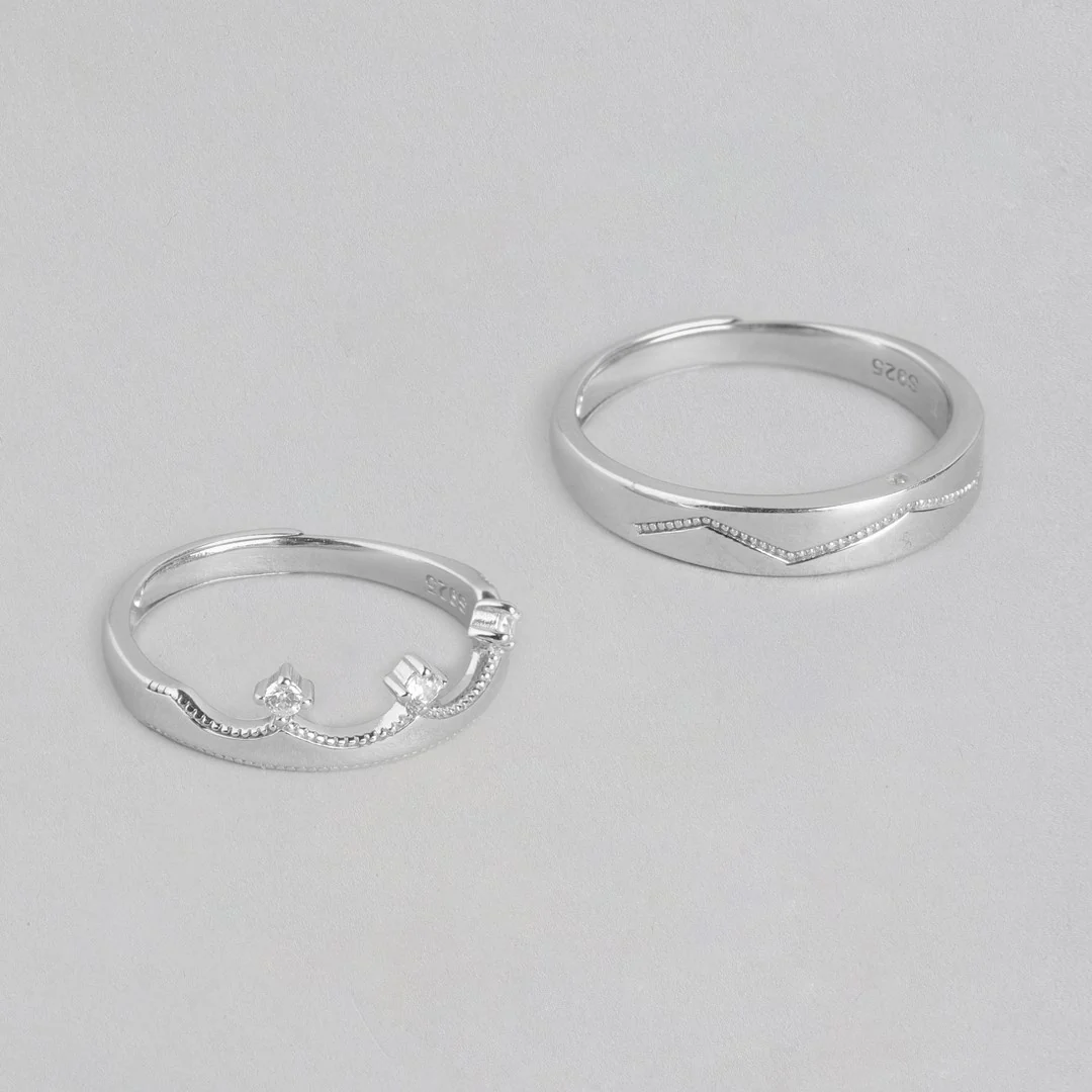 CZ Crown Rhodium Plated 925 Sterling Silver Lover's Couple Rings (Adjustable) - Image 5