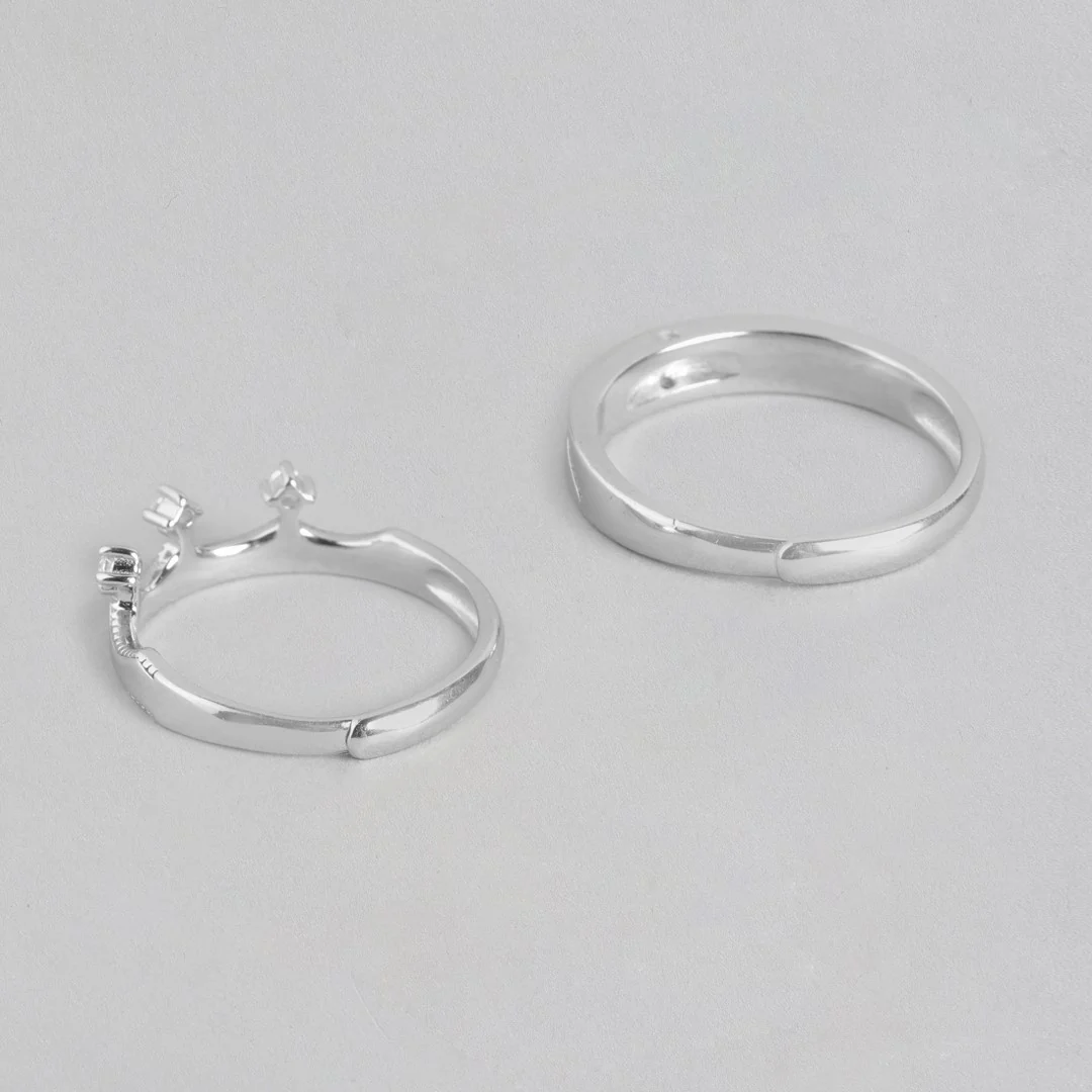 CZ Crown Rhodium Plated 925 Sterling Silver Lover's Couple Rings (Adjustable) - Image 6