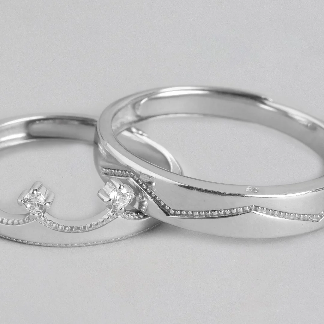 CZ Crown Rhodium Plated 925 Sterling Silver Lover's Couple Rings (Adjustable) - Image 7