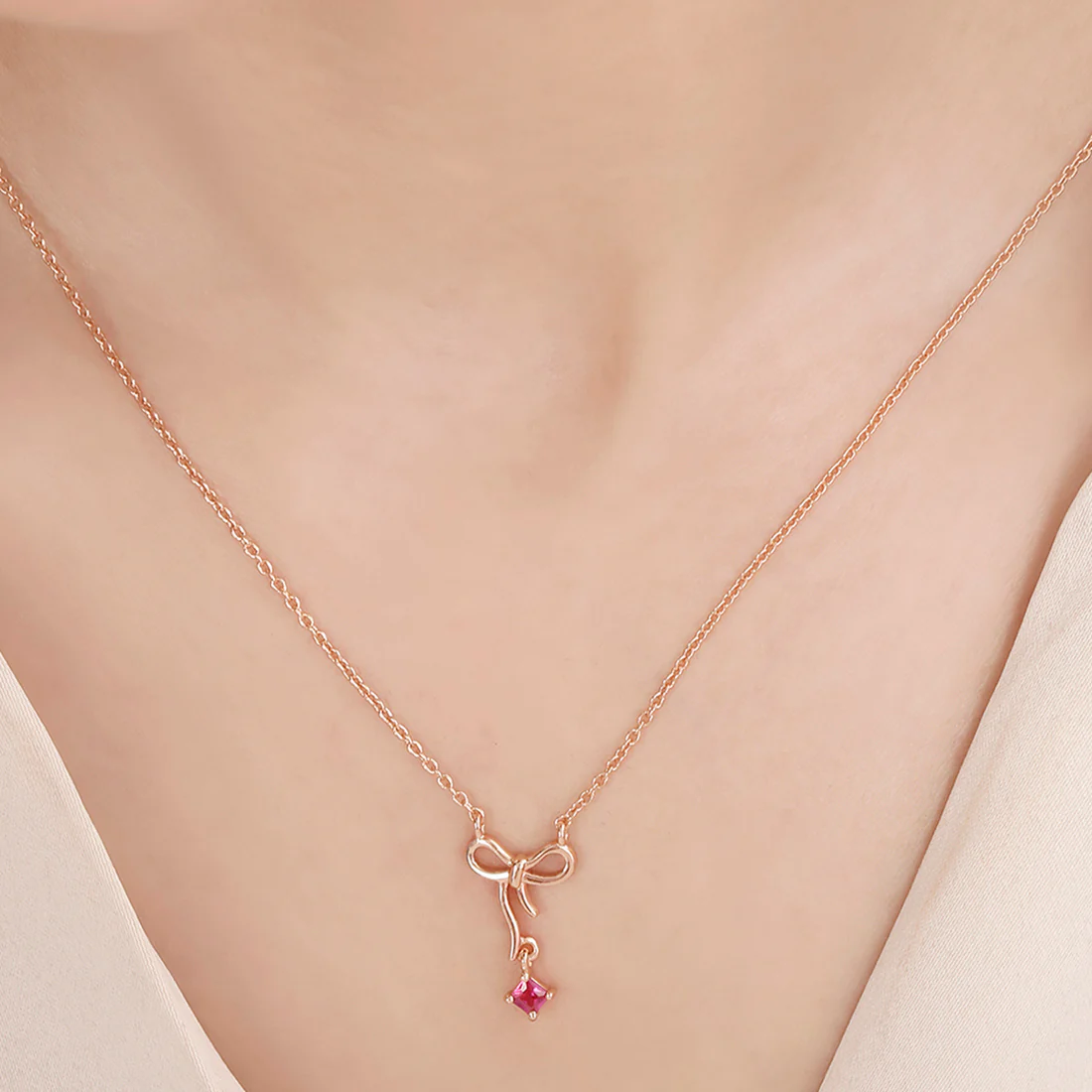 CZ-Bow Rose Gold Plated 925 Sterling Silver Necklace - Image 2