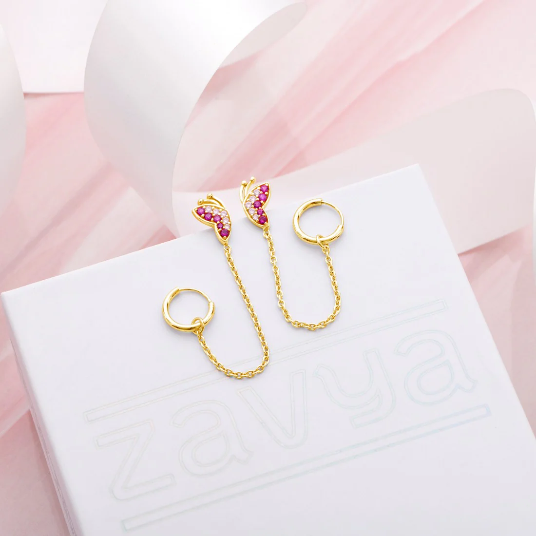 CZ Butterfly Loop Earring in 925 Gold Plated Sterling Silver - Image 2