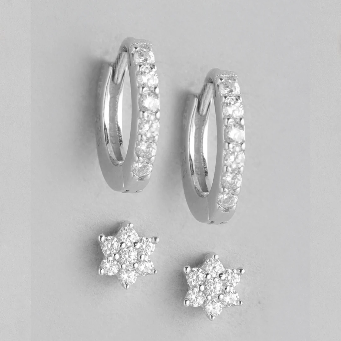 CZ Floral and Hoop Rhodium Plated 925 Sterling Silver Combo - Image 2